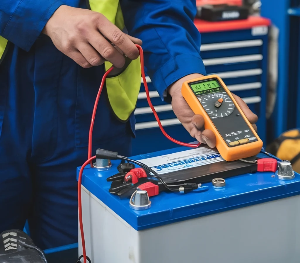 Técnico realizando prueba de impedancia en baterías de UPS